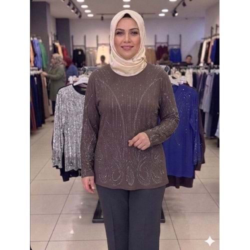 Likralı Taşlı Bluz 2200 - Acı Kahve - L - AZRA08432-66335