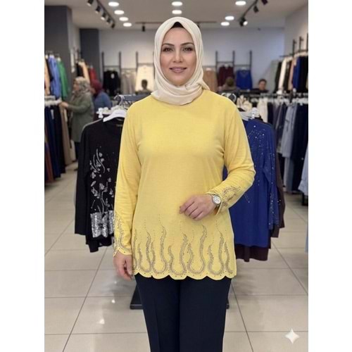Likralı Eteği Taşlı Bluz 2388 - Sarı - L - AZRA08433-66342