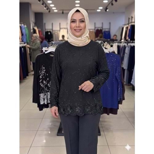Taşlı Çiçekli Bluz 066 - Siyah - L - AZRA08435-66358