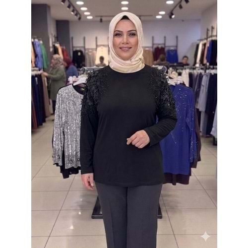 Omuzları Çiçekli Bluz 005 - Siyah - L - AZRA08436-66365