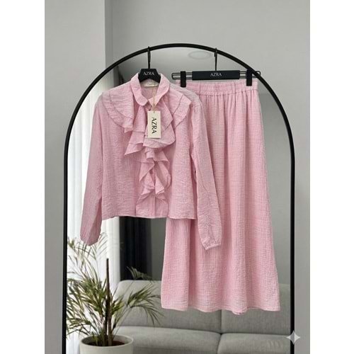 Müslin Kumaş Önü Volanlı Etekli Takım 26965 - Pembe - L