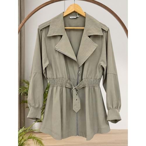 Tensel Beli Büzgülü Ceket 7364 - Bej - TEK BEDEN
