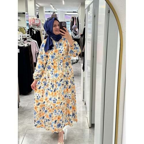 Çiçekli Modal Elbise 9321 - Mavi - L-XL