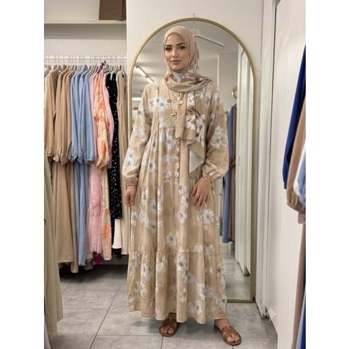 Çiçek Desenli Elbise 1515 - Taş - L-XL