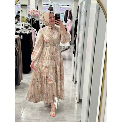 Puane Çiçek Baskılı Elbise 12710 - Vizon - L-XL