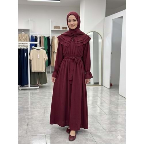 Omuzları Fırfırlı Elbise 2427 - Bordo - S-M