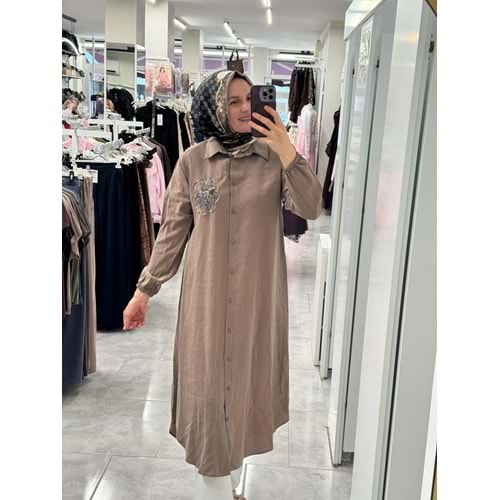 Pullu Uzun Gömlek 10797 - Vizon - S-M