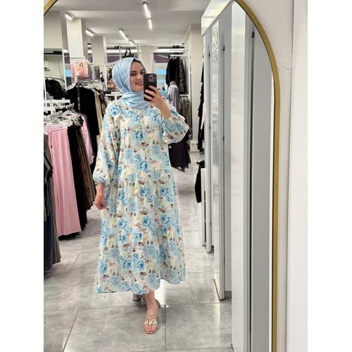Çiçekli Elbise 1104- Mavi - L-XL