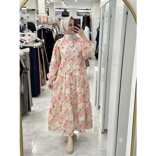 Çiçekli Elbise 1104- Pembe - L-XL