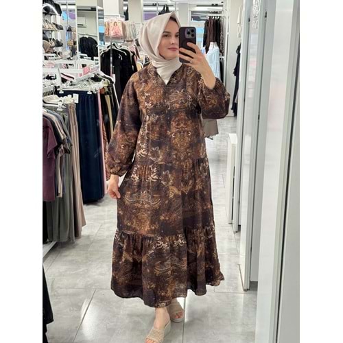 Etnik Desenli Elbise 1104 - Kahve Rengi - L-XL