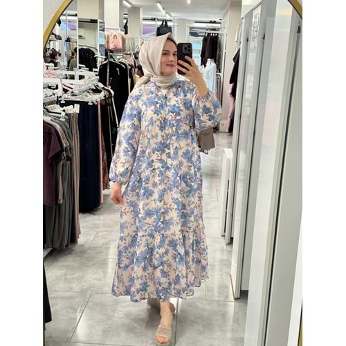 Çiçekli Modal Elbise 1104 - Mavi - L-XL