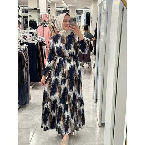Fırça Desen Elbise 1104 - Lacivert - 40-42