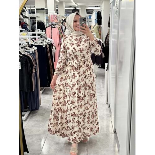 Yaprak Desen Elbise 1104 - Kahve Rengi - 40-42