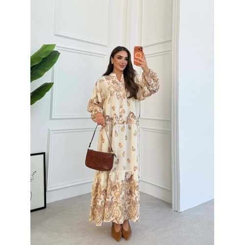 Bahar Desenli Elbise 2209 - Krem - L-XL - AZRA08843-69341
