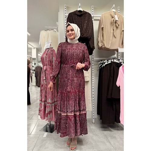 İpek Saten Piliseli Elbise 7010 - Bordo - L