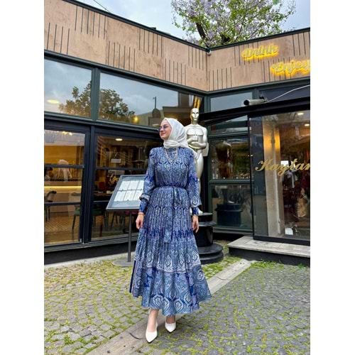İpek Saten Piliseli Elbise 7010 - Mavi - S