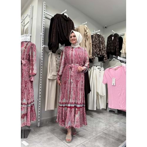 İpek Saten Piliseli Elbise 7010 - Pembe - M