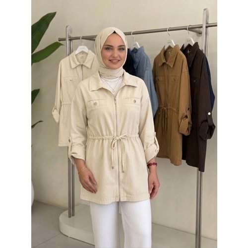 Belden Sıkmalı Ceket 7573 - Bej - M-L - AZRA08930-69975