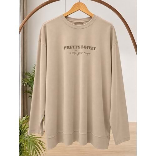 Baskılı Basic Sweat 37840 - Bej - TEK BEDEN