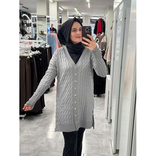 Saç Örgülü Merserize Hırka 3352 - Gri - TEK BEDEN