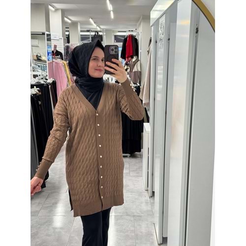 Saç Örgülü Merserize Hırka 3352 - Kahve Rengi - TEK BEDEN