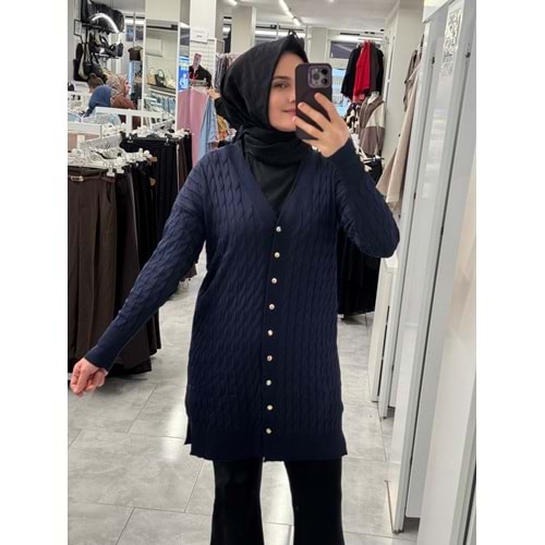 Saç Örgülü Merserize Hırka 3352 - Lacivert - TEK BEDEN