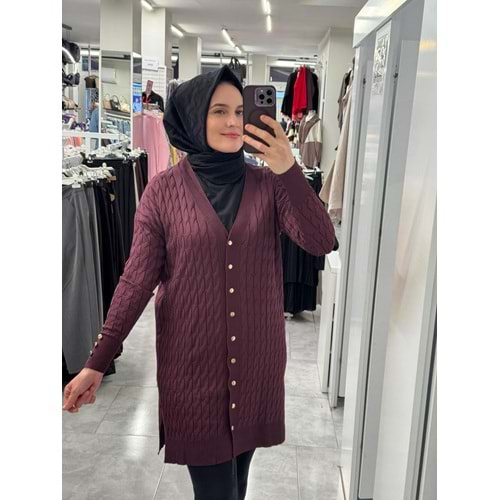 Saç Örgülü Merserize Hırka 3352 - Mürdüm - TEK BEDEN