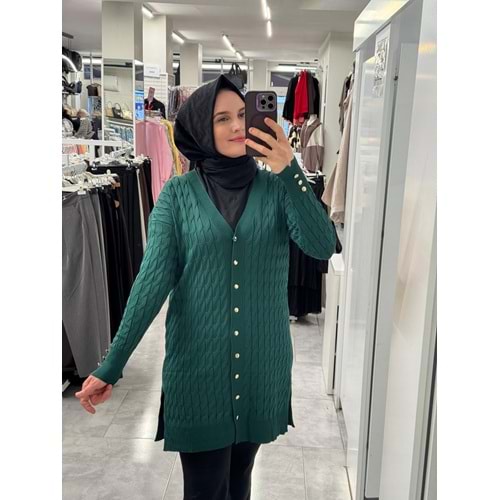 Saç Örgülü Merserize Hırka 3352 - Zümrüt Yeşili - TEK BEDEN