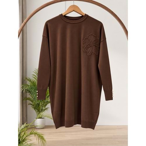 Yanı Çiçekli Merserize Tunik 3303 - Acı Kahve - TEK BEDEN