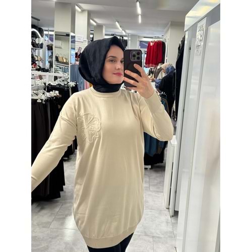 Yanı Çiçekli Merserize Tunik 3303 - Bej - TEK BEDEN