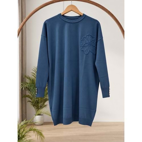 Yanı Çiçekli Merserize Tunik 3303 - İndigo - TEK BEDEN