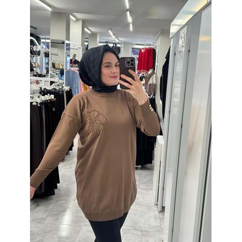 Yanı Çiçekli Merserize Tunik 3303 - Kahve Rengi - TEK BEDEN