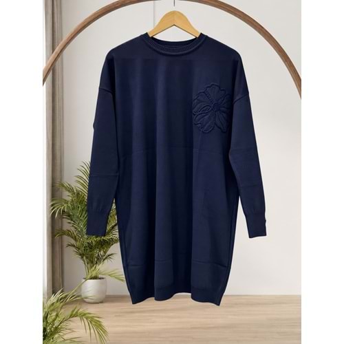 Yanı Çiçekli Merserize Tunik 3303 - Lacivert - TEK BEDEN