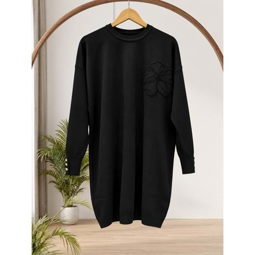 Yanı Çiçekli Merserize Tunik 3303 - Siyah - TEK BEDEN