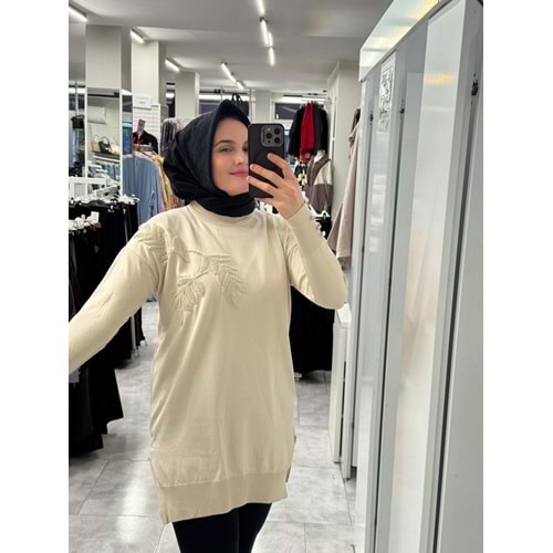 Yaprak Desen Merserize Tunik 3385 - Bej - TEK BEDEN