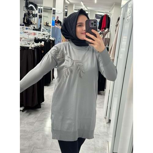 Yaprak Desen Merserize Tunik 3385 - Gri - TEK BEDEN
