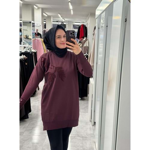 Yaprak Desen Merserize Tunik 3385 - Mürdüm - TEK BEDEN