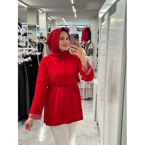 Yaka Manşet Garnili Tunik 931 - Kırmızı - S-M - AZRA09044-70785