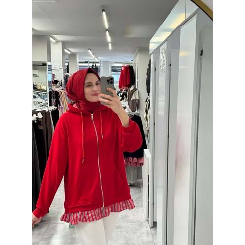Kapşonu ve Eteği Çizgili Hırka 932 - Kırmızı - L-XL - AZRA09046-70800