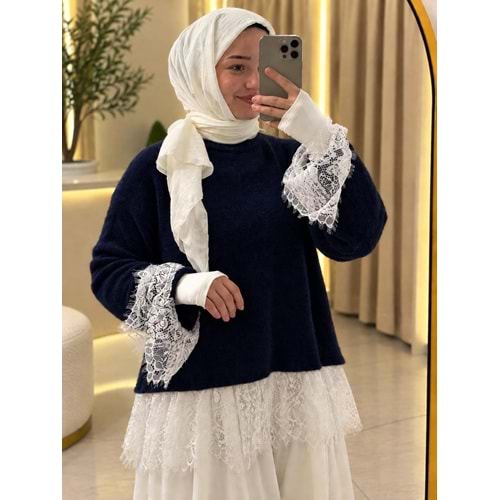 Eteği Ve Kolları Dantel Detaylı Kazak 26738 - Lacivert - TEK BEDEN
