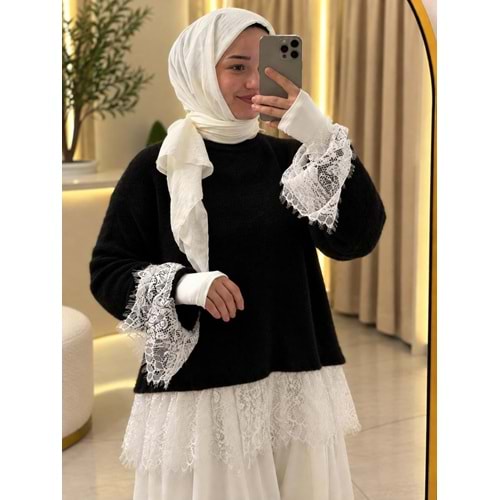 Eteği Ve Kolları Dantel Detaylı Kazak 26738 - Siyah - TEK BEDEN