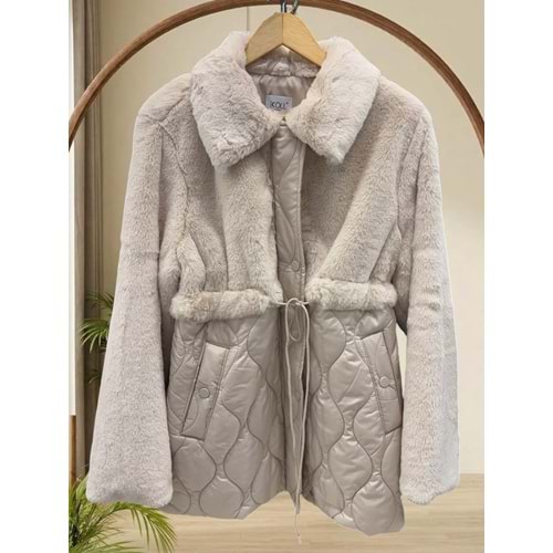 Yakası Peluşlu Kapitone Mont 37831 - Bej - L - AZRA09121-71266