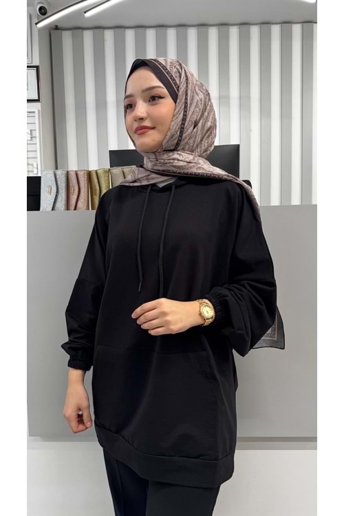 İki İp Cepli Sweat 2349 - Siyah - TEK BEDEN - AZRA02484-Siyah-TEK BEDEN