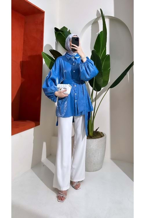 Ahel Leni Balon Kollu Işıltılı Gömlek 7000-2 - İndigo - TEK BEDEN