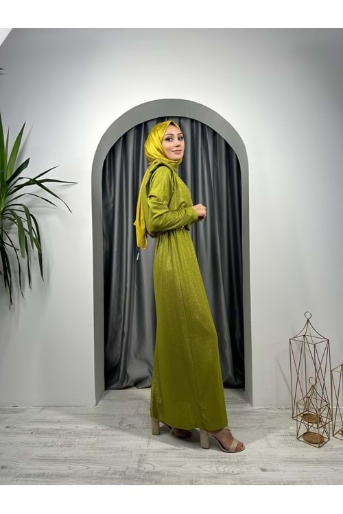 Degaje Yaka Simli Elbise 0031666 - Olive - L - AZRA03805-Olive-L