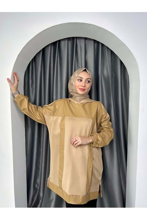 Kapşonlu Deri Garnili Tunik 10365 - Camel - S-M - AZRA03925-Camel-S-M