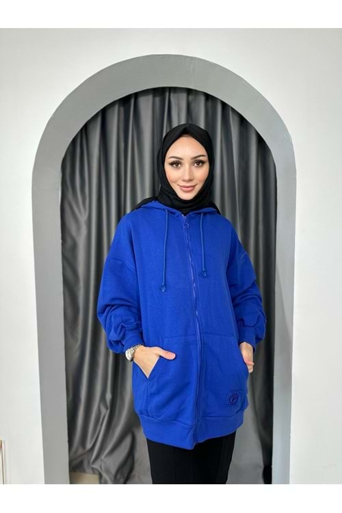 Fermuarlı Hırka Loreen 10403 - Saks Mavi - L-XL - AZRA04013-Saks Mavi-L-XL