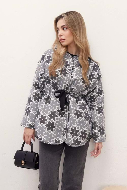 Begonia Çiçek Desenli Ceket 6185 - Gri - L-XL - AZRA04089-Gri-L-XL