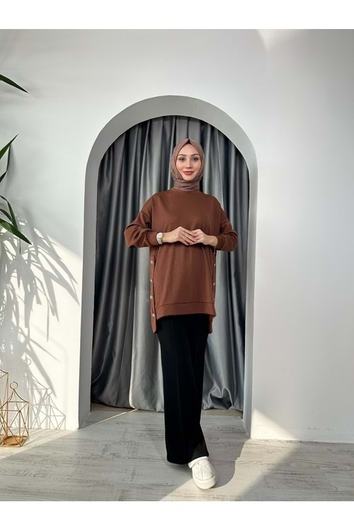 Düğme Detaylı Osho Kumaş Tunik 24870 - Kahve Rengi - S-M