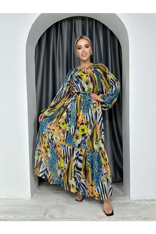 Leopar Desenli Şifon Elbise 30499 - Saks Mavi - 40